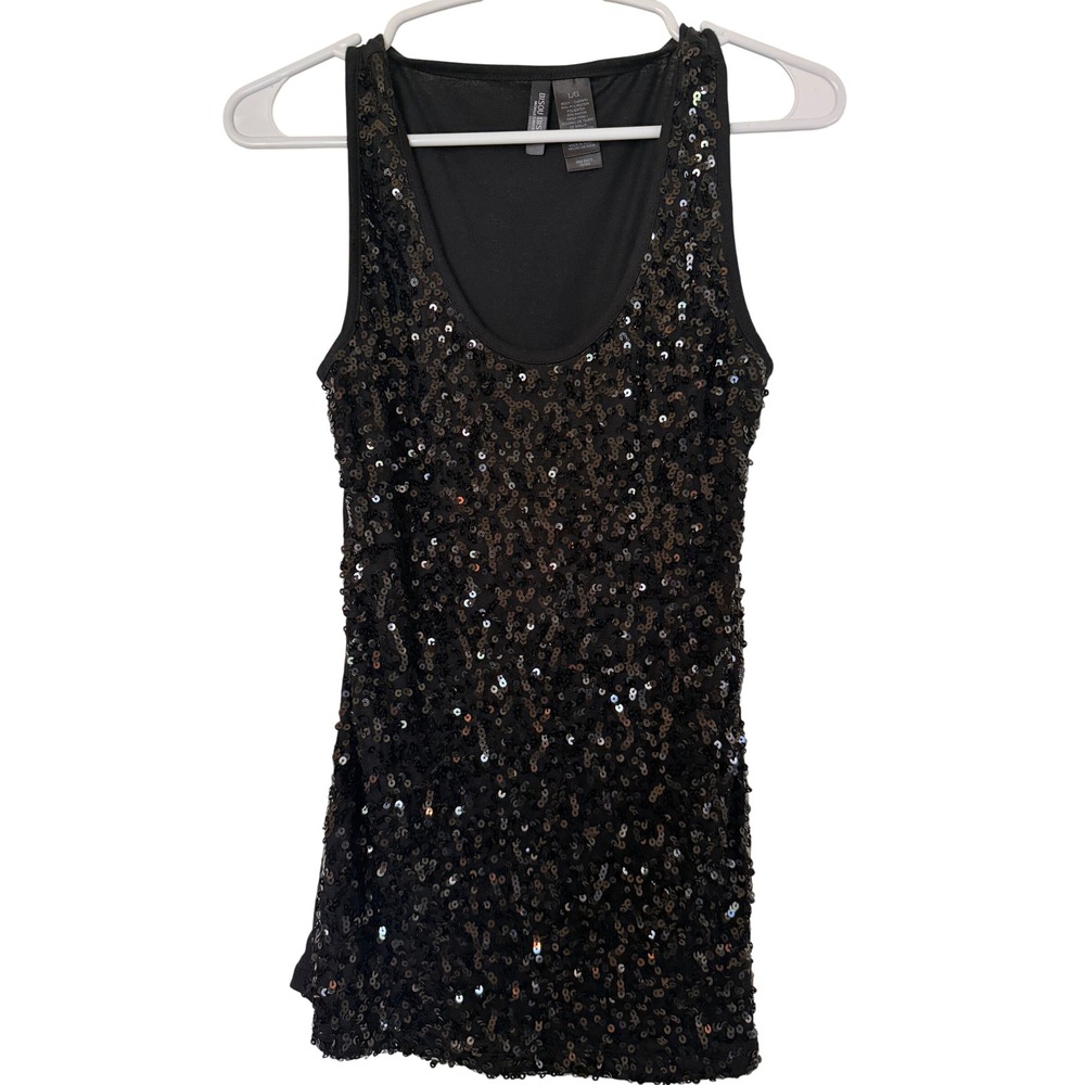 Bisou Bisou Michele Bohbot Black Sequin Tank Top Sleeveless Scoop Neck Large